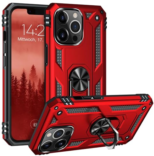 LBH Outdoor Hülle für Apple iPhone 13 Pro Max Armor Militär Stoßfest Handyhülle 360 Grad Metal Ring Halter Ständer Schutzhülle für Handyhalterung Auto Magnet Rot