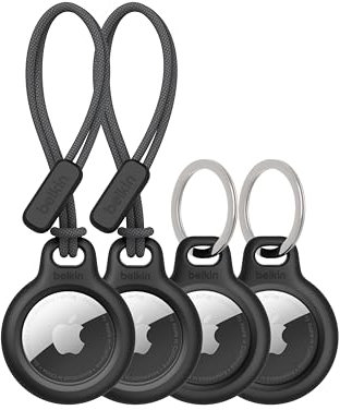 Belkin Apple AirTag Secure Holder w/Key Ring + Strap - Scratch-Resistant Case with Open Face & Raised Edges - Protective AirTag Keychain Accessory for Keys, Pets, Luggage, & More - Black (4-Pack)