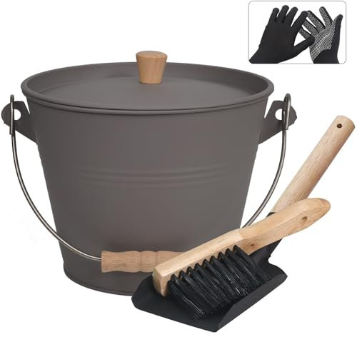 BRIAN & DANY Cubo Cenizas con Tapa, 5L Cubo para Cenizas de Chimenea con Pala y Escoba, Gris