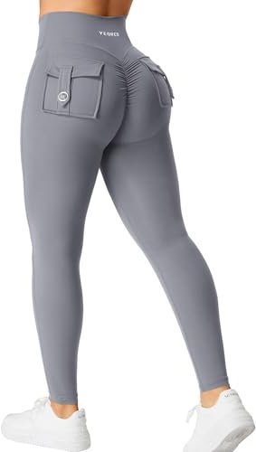 YEOREO Damen Sport Leggings mit Pockets V Taille Gym Leggings Butt Lifting Workout Yoga Fitness Leggings Blau Grau S