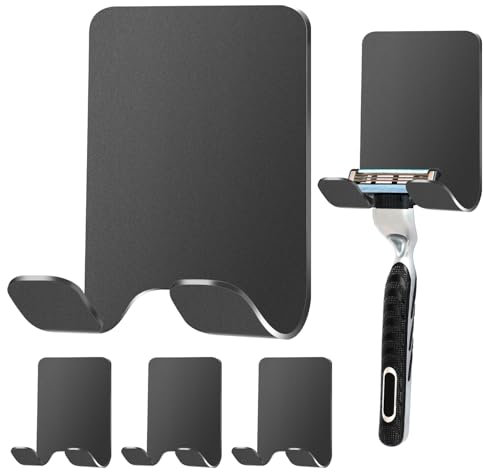 4 Stück Rasierer Halterung Dusche, Selbstklebend Haken Schwarz Rasierhalter, Edelstahl Rasierer Halter, Handtuchhaken ohne bohren,Wasserdicht Selbstklebende Rasiererhalte,für Tür Wand Badezimmer,Küche