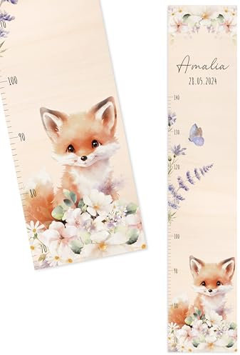 Bärenfreunde® - Personalisierte Messlatte Kind Holz zum Kleben oder Aufhängen - Skala 70-140cm - Süße Dekoration für Baby- & Kleinkinderzimmer (Kinder 70-140cm, Fuchs Blumen)
