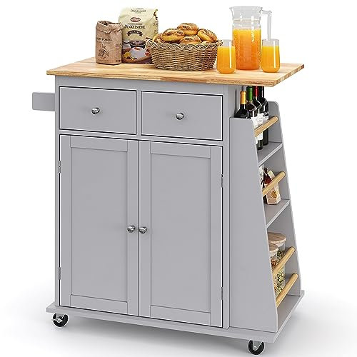 Rollbarer Küchenwagen mit Aufbewahrungsschrank, elegante Arbeitsplatte, 360° drehbare Rollen, 2 Etagen und 2 Schubladen, robuster tragbarer Lebensmittelwagen, Buche + Grau, 80 x 45 x 89 cm