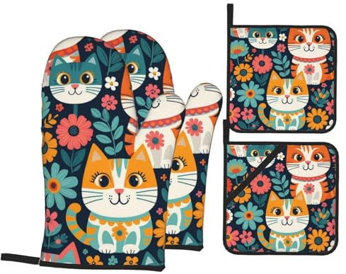 Set di 4 guanti da forno e presine con stampa di simpatici gatti, uccelli e fiori, resistenti al calore, accessori da cucina