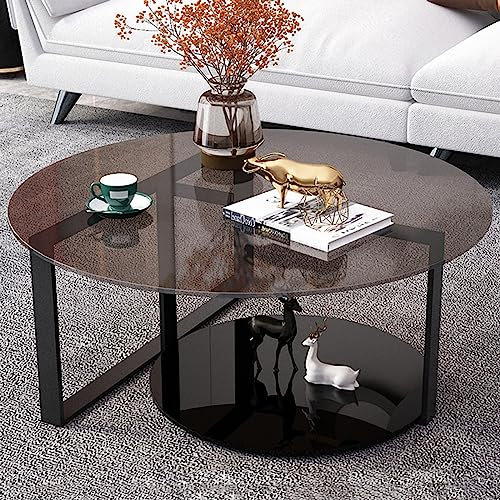 Table basse ronde moderne minimaliste avec plateau en verre trempé teinté gris et pieds noirs mats, table basse ronde élégante pour le salon, design double couche pour un espace de rangement