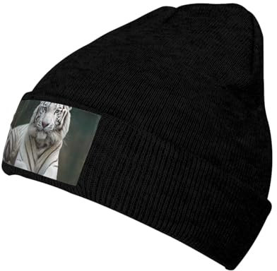 White Tiger Beanie Strickmütze für Damen und Herren, weiche warme Wintermütze mit lockerer Zopfmanschette, Schwarz, Einheitsgr��e
