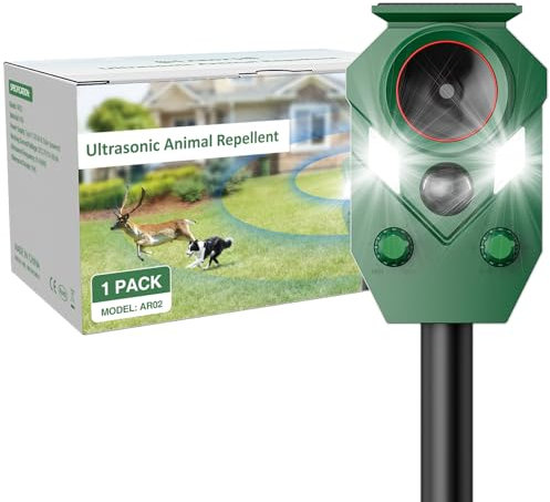 Joomouney Cat Repellent Garden, Cat Deterrent Solar Ultrasonic Animal Scarer Deterrent with PIR Sensor&Flash Light 5 Modes USB Charging, IP65 Waterproof Animal Repellent for Cats Dog, Fox, Bird