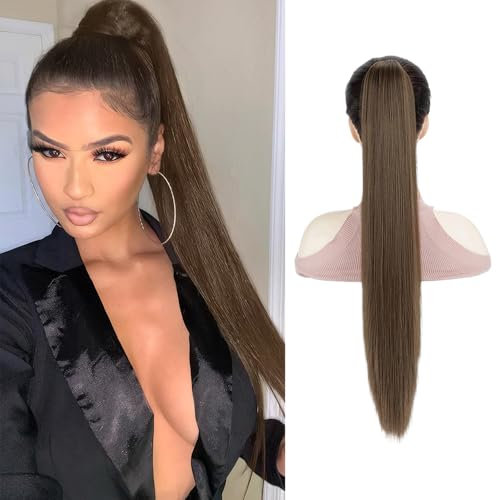 XFSRG 66cm Haarteil Pferdeschwanz Glattes Haar Extensions Echthaar Haarverlängerung Zopf Haarteil Mit Klammer Fake Haare Haarverdichtung Echthaar Clips Für Dates Party(Dunkelbraun)