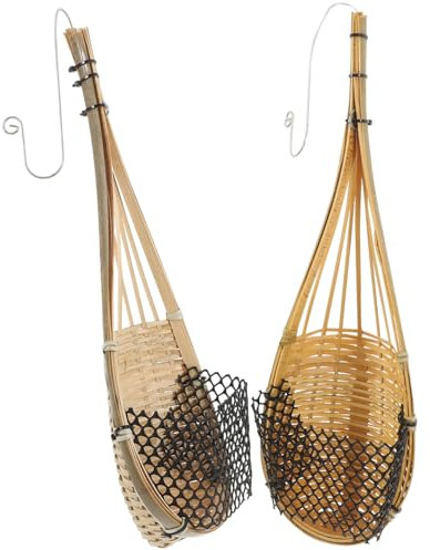 MUCKLILY 2 Pcs Plants Holder Handmade Bamboo Flower Basket for Wall Planter Garden Home Decor Unique Thai Woven Hanging Baskets with Capacity for Fruits Vegetables