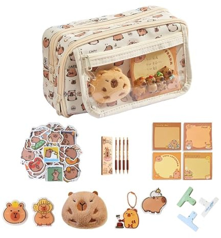 Ferizzia 58 Pezzi Kit Capibara Cancelleria, Astuccio Capybara | Grande Capacità con 9 Scomparti, Kawaii Astuccio Capibara, con Penna, Adesivo, Appunti , per Scuola, Ufficio, Studenti