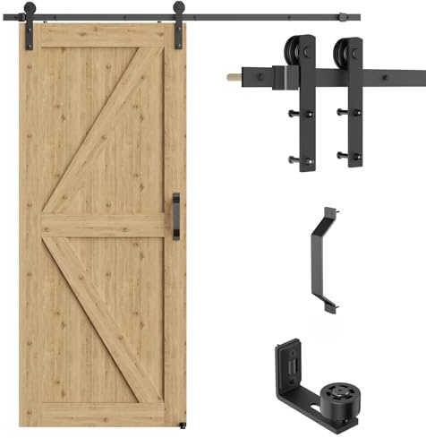 TSMST Sistema de puerta corredera de 200 cm, juego completo con guía de suelo para puertas correderas con tiradores de puerta negros, kit de rieles para una sola puerta de madera, forma de J