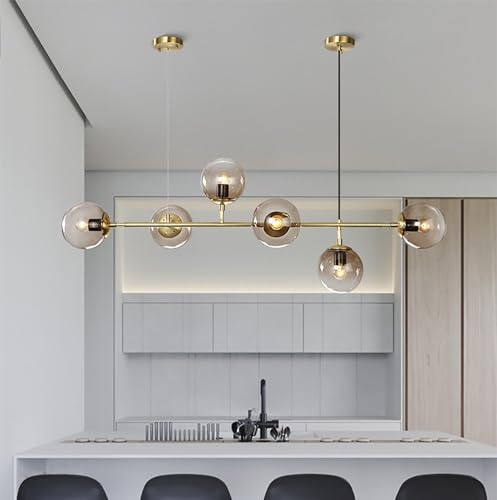 Pendelleuchte Dimmbare Esstisch Kronleuchter Esstischlampe Wohnzimmer Hängelampe E27 Hängeleuchte Höhenverstellbare industrielle Kugel Glas Lampe, Innenbeleuchtung (Rauchgrau, Galvanisierung - Gold)