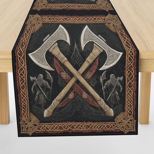 Wikinger Tomahawk Tischläufer Outdoor Waschbar Extralang, Keltischer Knoten Tischdeko für Einschulung Deko Couchtisch Küche Esstischv Dekoration für Zuhause 30 x 140 cm