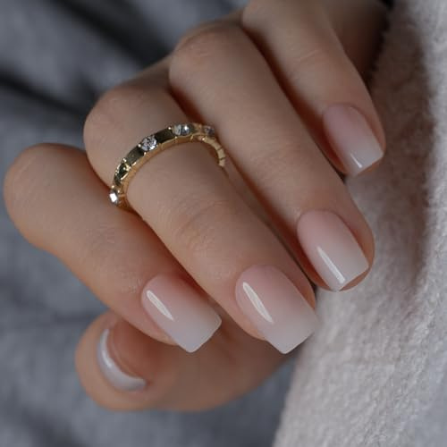 CurvLife Short Square Press On Nails, Nude Ombre Gradient Pink, Soft Gel | 32PCS in 16 Sizes, Salon-Quality Fake Nails, Curved Fit, Glue-On Nails with 7-14 Day Wear, Reusable Stick-On Nails