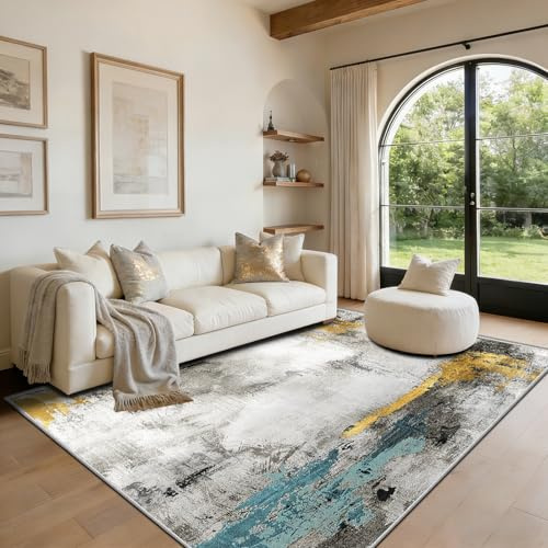 WQMMD Wohnzimmer Waschbar Teppich Abstrakt 140x200cm Kurzflor rutschfest Teppich Schwarz Weiß mit Gelb Minimalistisch Teppiche für Schlafzimmer,Esszimmer, Apartment,Küche,Büro Dekor