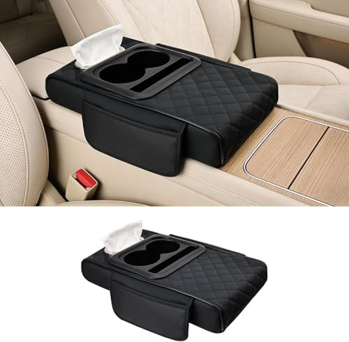Pomodee Leather All-in-One Car Armrest Storage Box – with Car Cup Holder | 2 cup holders,tissue dispenser/PU leather,quilted,durable/Memory foam/Non-slip,stays firm on roads/Fit most backseat consoles