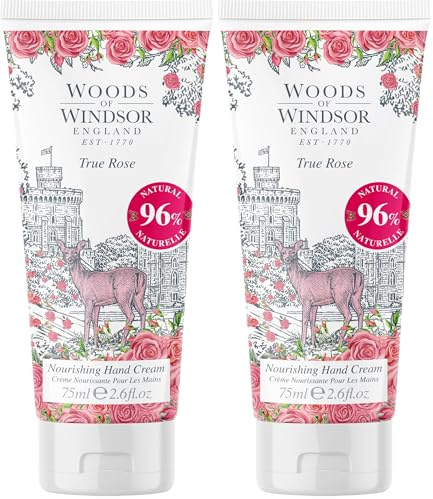 Woods of Windsor Handcreme, pflegende Rosen-Handcreme für Männer und Frauen, feuchtigkeitsspendende Handcreme mit Vitamin E und Sheabutter, echter Rosenduft, 75 ml (Packung mit 2)