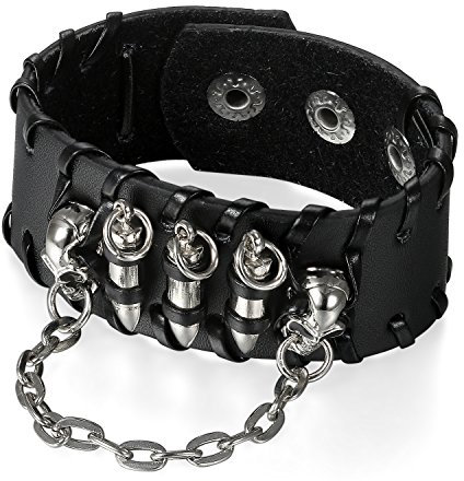 Flongo Groß Breit Leder Armband Lederarmband Armreif Manschette Schwarz Silber Gewehrkugel Patronenhülse Geschoss Kugel Kette Motorradfahrer Punk Rock Gotik Halloween Verstellbar Herren