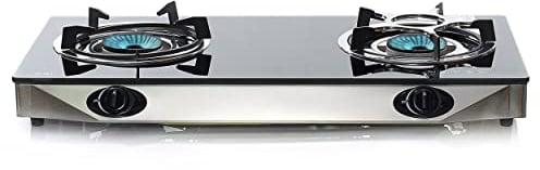 NJ NGB-S2 Indoor Gas Stove - 2 Burner Portable Gas Hob LPG Cooker Cooktop for Caravan Black Glass Freestanding Table Top for Home Kitchen Camping Garden Catering 6.8kW