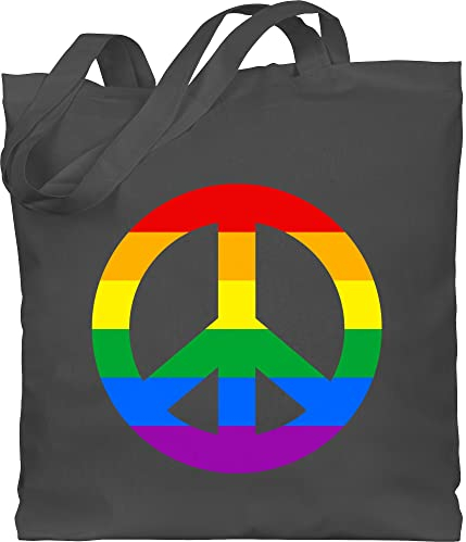 Baumwolltasche - LGBTQ Kleidung Flag - Peace Zeichen Regenbogen Pride - Unisize - Dunkelgrau - 70er herren hippie tasche jutebeutel lgbt gay beutel csd hippi tragetasche lesbian statement bag lqbtq