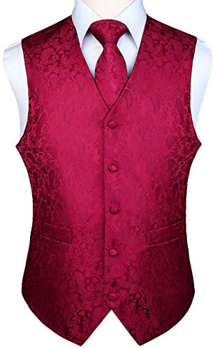 HISDERN Anzugweste für Herren Burgund Paisley Hochzeit Weste und Krawatte und Einstecktuch Jacquard Weste Herren Anzug Set Elegant Weinrot XL