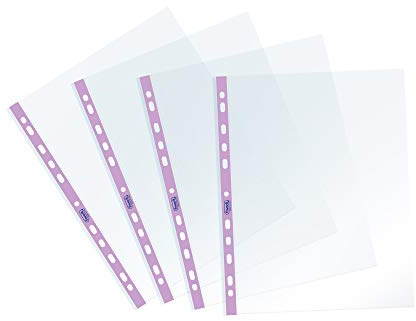 Favorit 400136869 - Fundas transparentes, perforación universal, formato interior 22 x 30 cm, acabado liso, para hojas A4, paquete de 25 unidades, con banda lila pastel