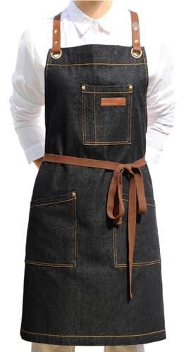 DingSay Trendy Schwarze Denim-Schürze mit Taschen für Damen und Herren, für Koch, Küche, Kochen, Friseur, BBQ, Grillmalerei, Leder, gekreuzte Rückengurte und verstellbare S bis XXL