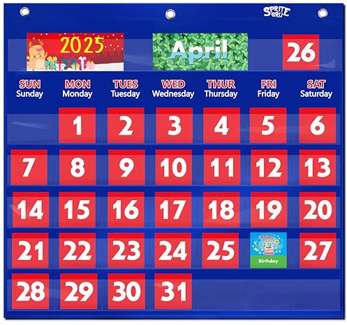 SpriteGru Blaues Kalender-Diagramm mit Taschen und 76 Karten (68 illustrierte Aktivitätskarten, 8 trocken abwischbare Flash-Karten und 3 Haken 51 cm x 48 cm, Englische Ver.)