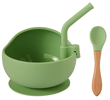 MONLEYTA Bébé Assiette à Dîner en Silicone Bol à Ventouse avec Cuillère à Paille Ventouse Antidérapante Vert