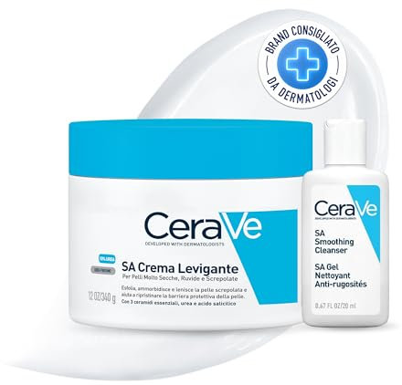 CeraVe SA Crema Levigante, per Pelle Secca e Ruvida, con Acido Salicilico, 10% Urea, 340ml + Detergente Idratante Viso da Viaggio, Per Pelli da Normali a Secche, 20 ml
