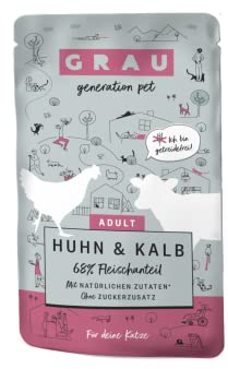 GRAU – das Original – Nassfutter für Katzen - Huhn & Kalb (Pouchbeutel), 16er Pack (16 x 125 g), getreidefrei, für Erwachsene Katzen