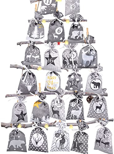 Adventskalender zum Befüllen Groß (12x21cm), 24 Stoffbeutel Kette zum selber Basteln und Aufhängen 2024 Weihnachtskalender zum selberfüllen mit Grau Stoff Säckchen für Kinder junge männer Mädchen