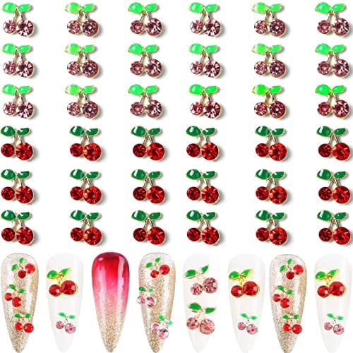 RUNRAYAY 36Pcs 3D Cherry Nail Art Charms, Red & Pink Elegant Nail Studs Diamonds for Nail Accessories, Summer Fruit Nail Jewelry Decoration for Diy Crafts Nail Decor