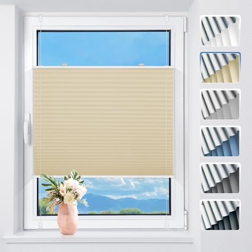 TFSKY Plissee ohne Bohren Verdunkelung Klemmfix Hellbeige B80 x H120 cm | Verdunklungsplissee Hitze- & Sonnenschutz, Thermo Plisseerollo, Sichtschutz für Fenster, Tür, Schlafzimmer, Wohnzimmer, Büro