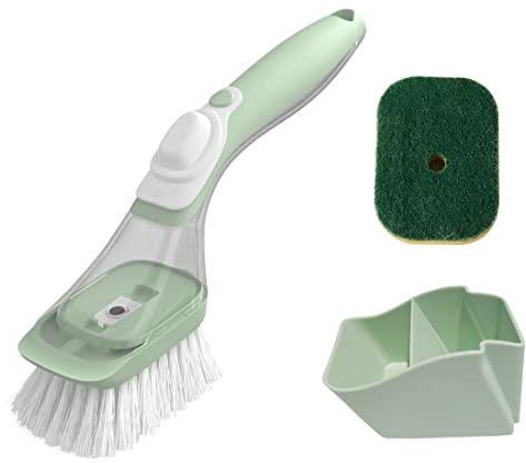 CQT Soap Dispensing Dish Brush Storage Set, Dish Scrubber with Handle, Kitchen Washing Brush for Pot Pan Sink Cleaning, Kitchen Brush with Holder and 1 Replaced Scouring Pad Head