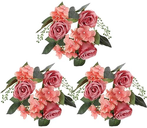 3 Stücke Kerzenringe, Kerzenkranz für Stabkerzen, Künstliche Rose Kerzenring Blumen Hochzeit Kerzen Kränze Boho Stumpenkerzenhalter für Tischdeko, 20cm