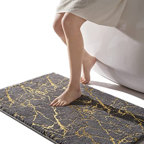 QJHOMO Grey Long Bath Mat 60 x 120 cm Large Bathroom Mat Non Slip Bath Mats Gold Stripes Marble Rug Absorbent Microfiber Bathroom Rug Machine Washable Floor Carpet for Shower, Living Room, Bedroom