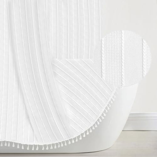 Rideaux de douche extra longs de 213 cm de long en tissu à rayures style shabby chic avec crochets, blanc, 183 x 213 cm
