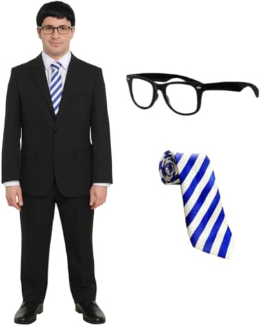 Adults Will Costume - Black Suit Jacket and Trousers, Blue & Beige Striped Tie, Black Frame Glasses - Adults Inbetween TV Movie Fancy Dress Costume