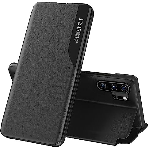 Handyhülle für Huawei P30 Pro - Clear View Klappbar Leder Schutzhülle mit Ständer, 360 Grad Stoßfest Anti-Kratzer Klapphülle Case Cover (Schwarz)