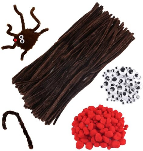 450 Stück Pfeifenputzer zum Basteln Braun, Pfeifenreiniger Weihnachten Set mit Rote Pompons und Wackelaugen Selbstklebend, Pfeifenreiniger Chenilledraht für Kinder DIY Handgemacht, 30cm Pipe Cleaner