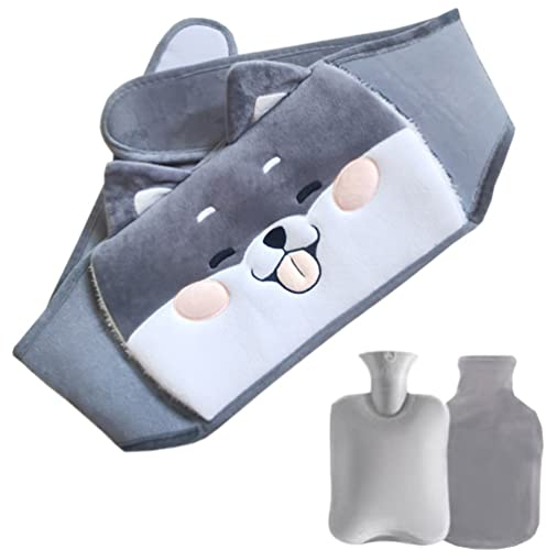 Moollyfox Wärmflasche 3er Set, mit Bezug & Taille Wamer -Abdeckung,1 Liter Bpa-frei Taillen Rücken Wärmer für Frauen, Kinder und ältere Menschen Wintergeschenk Grau Hund 1000ML