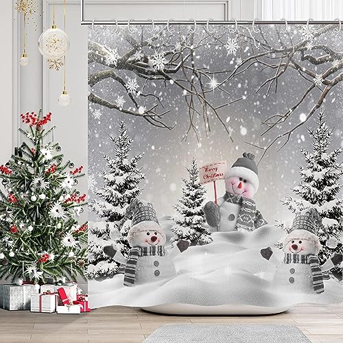 GCIREC Winter Weihnachten Duschvorhang, grau weiß niedlich Schneemann Schneeflocke Szene verschneiten Wald Badezimmer Vorhang wasserdicht Stoff Maschine waschbar mit 12 PCS Haken,180x200cm