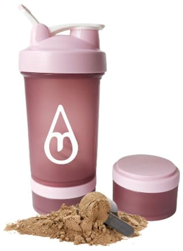 Motivai® Shaker Bottle - Rosa - 600ml | 3-teiliger Shaker mit Pulverfächern und Mischkugel | BPA-frei | Protein, Pre-Workout, Supplements