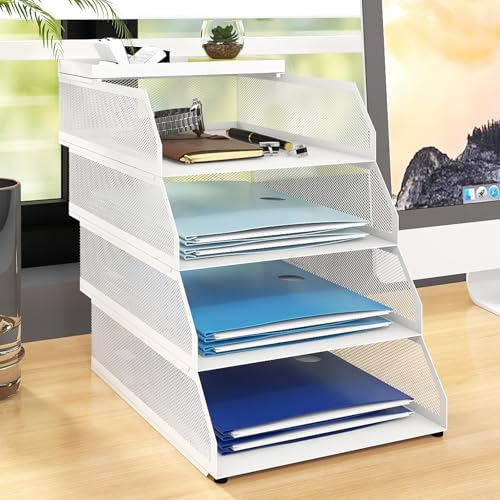 PUNCIA Bandejas de archivo de oficina de 4 niveles para escritorio, organizador apilable, malla de metal, bandeja de almacenamiento de papel, bandeja de cartas, revistas, archivos, escritorio,