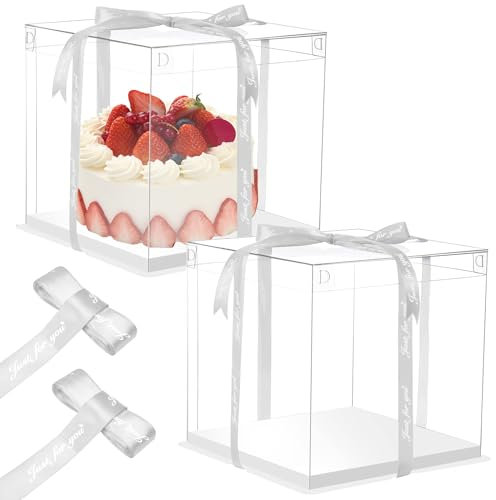 PHULWEL 2 Stück Tortenschachtel, 30 * 30 * 25cm Transparent Tortenbox - Durchsichtige Transportboxen Torte Geschenkbox mit Sockel und Band für Geburtstag Dessert (Weiß)