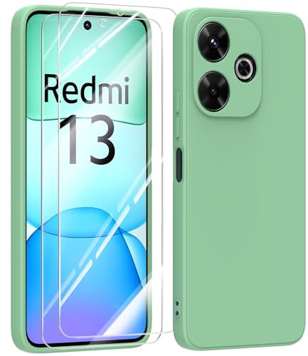 MIKULLE Hülle für Xiaomi Redmi 13 4G HandyHülle + 2 Stück Schutzfolie,Dünn Weiche Liquid Silikon TPU Stoßfeste Schutzhülle mit Microfiber Case - Grün