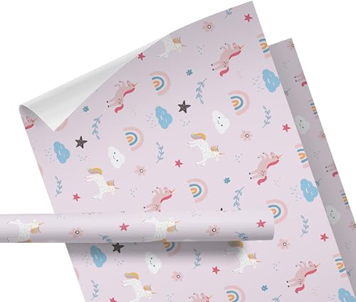 Geschenkpapier Kinder – Motiv: Einhorn mit Regenbogen – für Geschenke zum Geburtstag oder zu Weihnachten – Geschenkpapier für Mädchen und Jungen – Rolle: 47 cm breit, 3 m lang - Geschenkverpackung