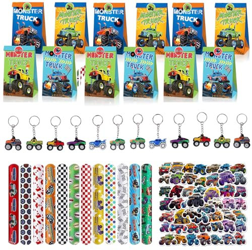 86 Stück Monster Truck Geburtstag Party Mitgebsel, Racing Car Geburtstagsdeko, 12 Slap Armband, 50 Sticker, 12 Schlüsselanhänger, 12 Geschenktüten, für Jungen Mädchen Monstertruck Party Geschenke