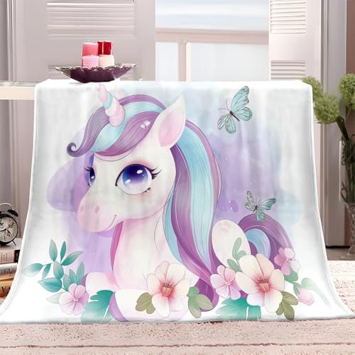Kuscheldecke 100x130 cm Schmetterlingsblume Einhorn Sherpa Decke für Couch, Sofa, Bett, Reisen, Weiche Flauschige Mikrofaser Fleecedecke, Flanell Wohndecken für Kinder Baby